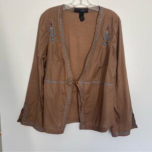 Venezia Beaded & Embroidered Brown Cotton Jacket/Coverlet with Tie sz 14/16